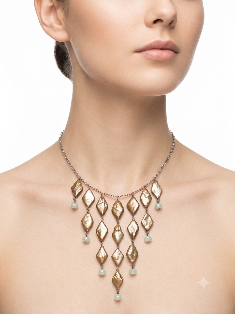 David Aubrey 16 “ Silver tone Statement Necklace with Pale Green Pearls